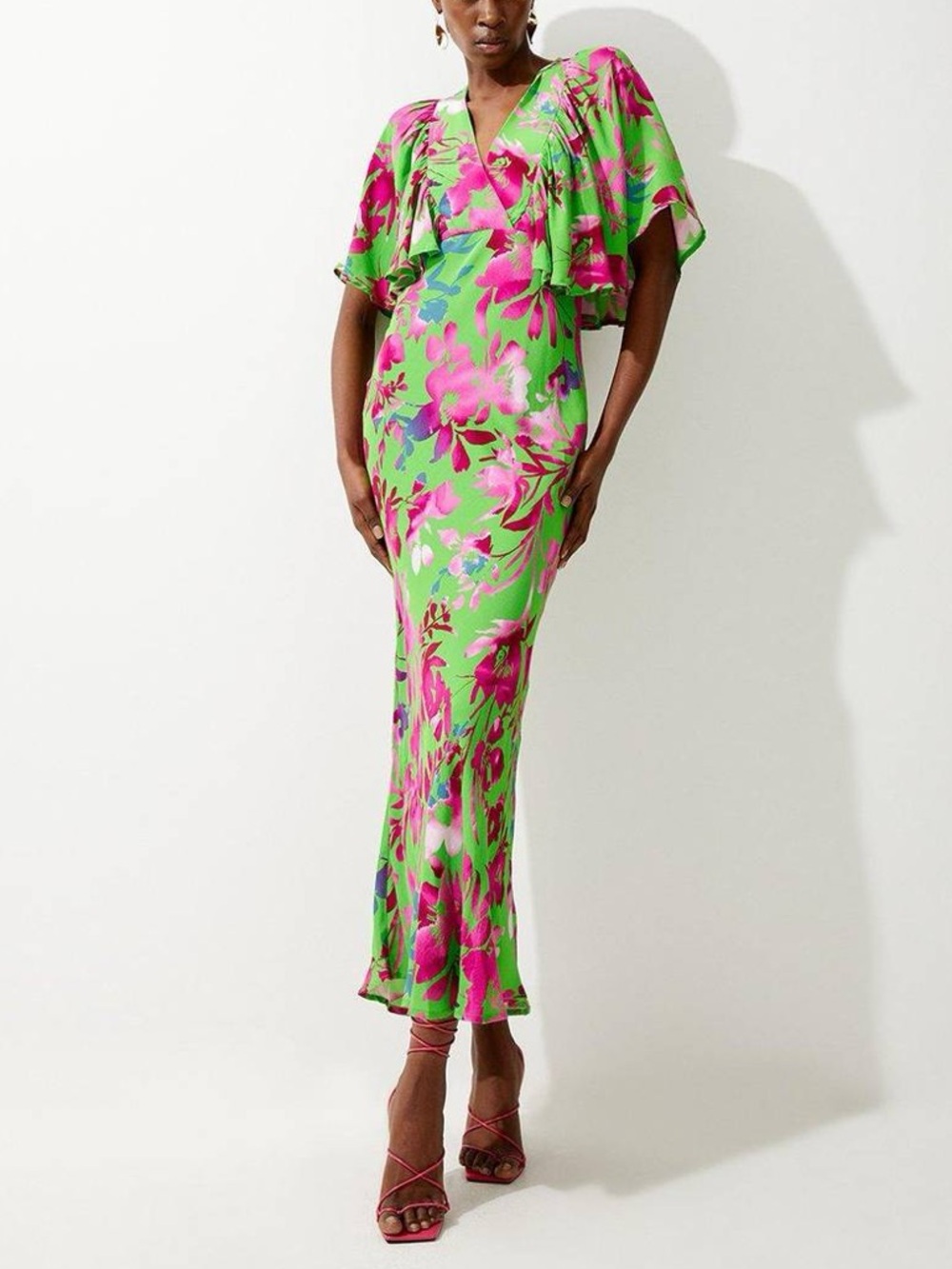 Karen Millen Floral Print Maxi Dress Flutter Sleeve Short Sleeve V-Neck Tropical